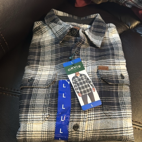 Orvis Flannel Shirt Gray Navy Tan Black Plaid Button Down Large  With Pockets - Picture 11 of 13